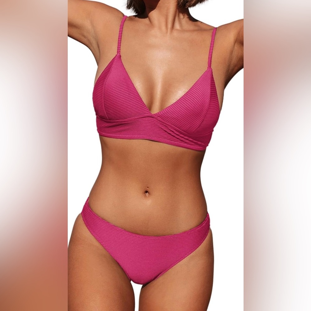 CUPSHE rose Bikini Set Solid Color Sexy Triangle Two Piece Swimsuit size S.